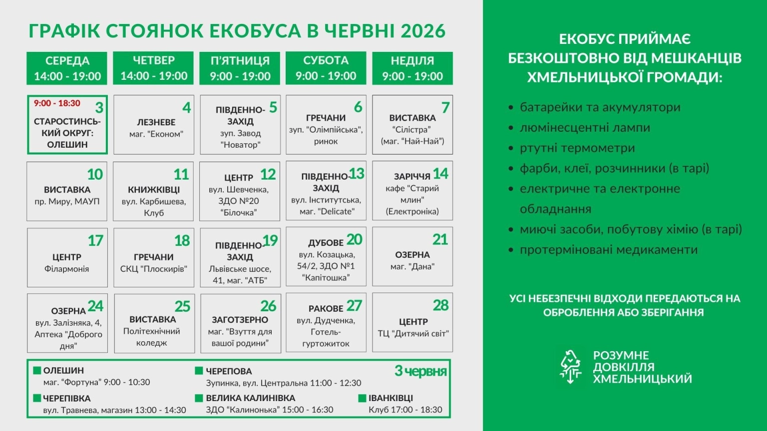 Куди здати небезпечні відходи: розклад екобуса на червень
